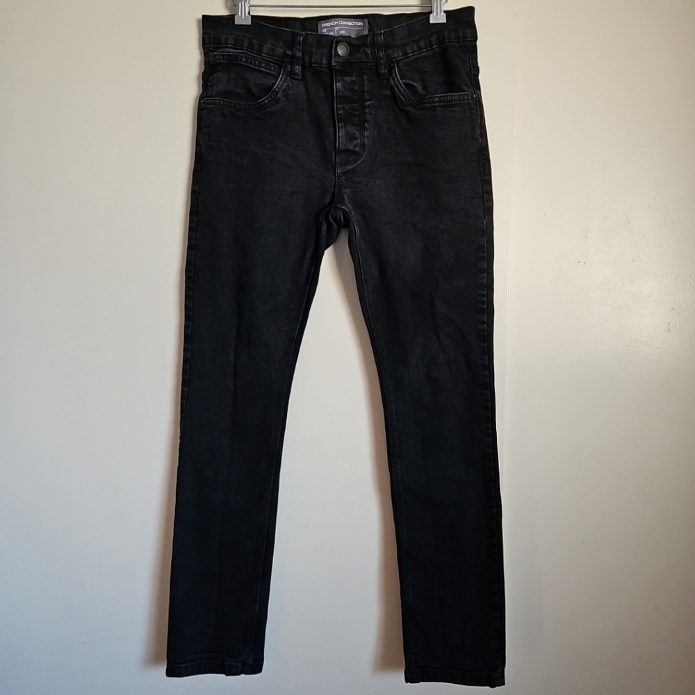 French Connection Slim Fit Faded Black Denim Jeans Fly Buttons Size W32 L32